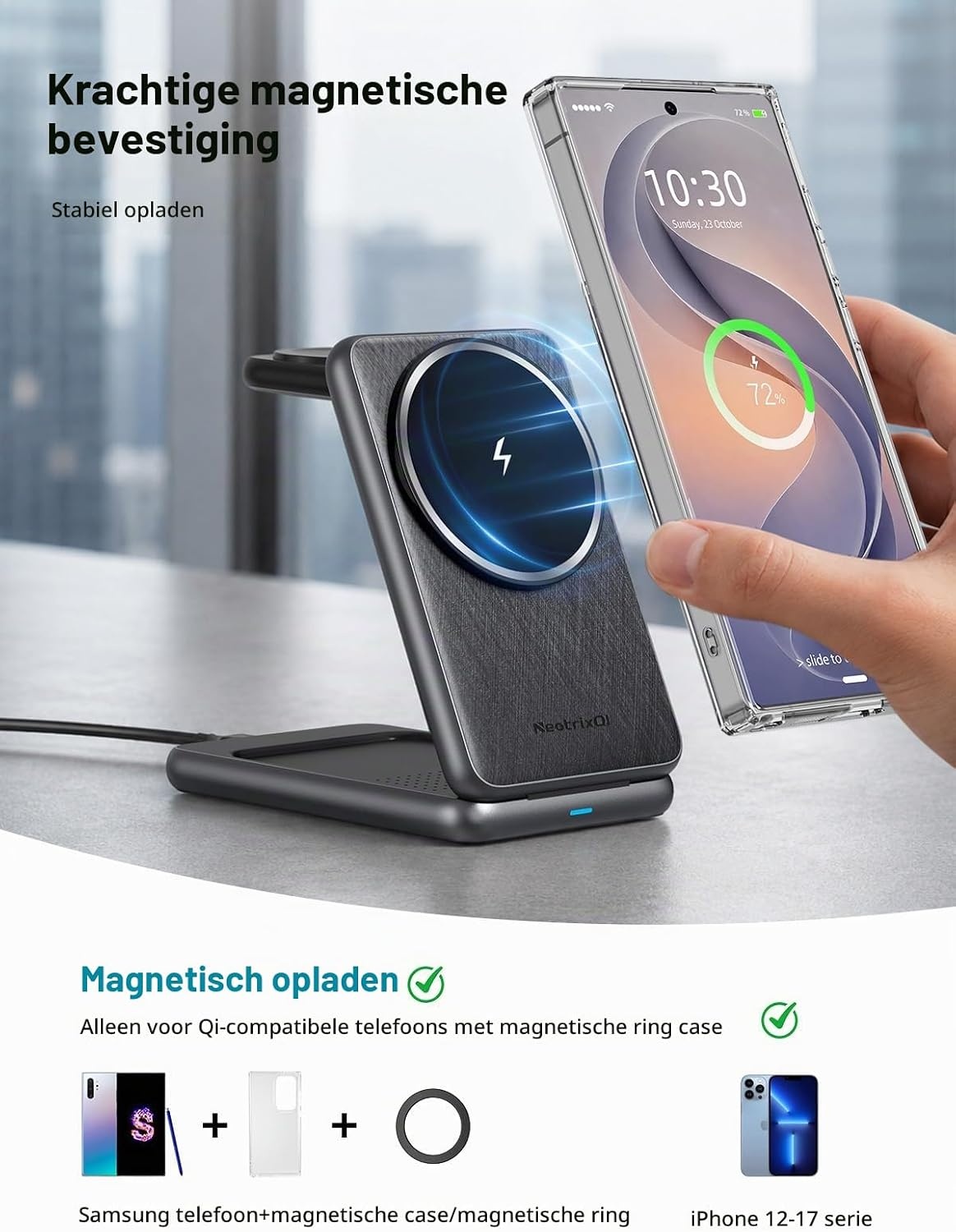 Magnetische draadloze oplader voor Samsung voor Galaxy S25 Ultra S24,opvouwbare Mag-safe oplader standaard 3 in 1 Reizen Uitwerpen met één klik voor Galaxy Watch Ultra 7 6 Buds 3 (zwart)