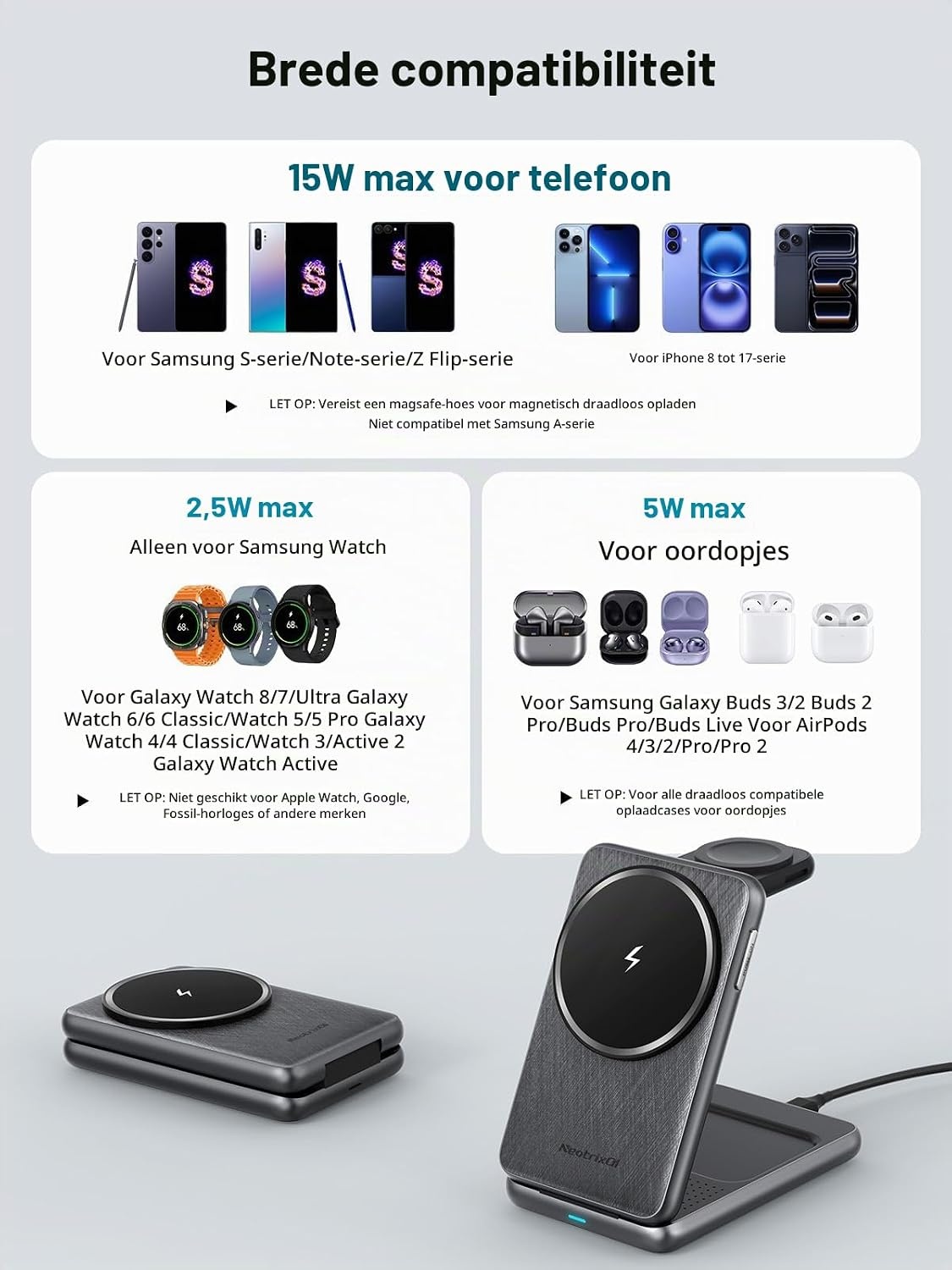 Magnetische draadloze oplader voor Samsung voor Galaxy S25 Ultra S24,opvouwbare Mag-safe oplader standaard 3 in 1 Reizen Uitwerpen met één klik voor Galaxy Watch Ultra 7 6 Buds 3 (zwart)