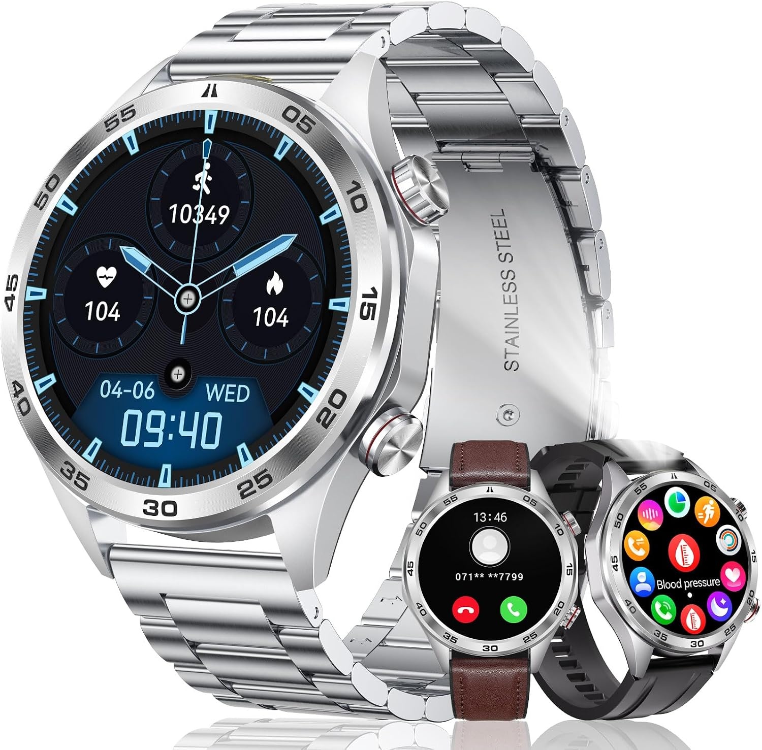 MEGALITH Slimme horloges voor mannen Fitness: Bloeddruk Hartslagmeter - Zilver Waterdichte Mens Smartwatch voor Android iOS