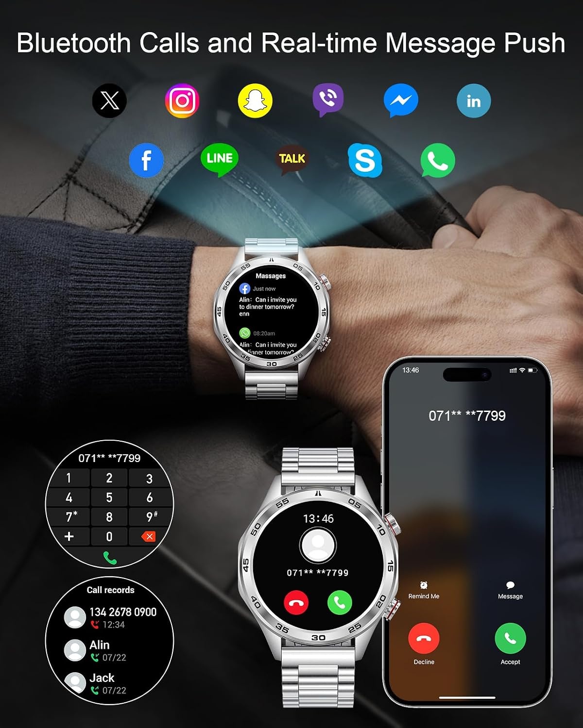 MEGALITH Slimme horloges voor mannen Fitness: Bloeddruk Hartslagmeter - Zilver Waterdichte Mens Smartwatch voor Android iOS