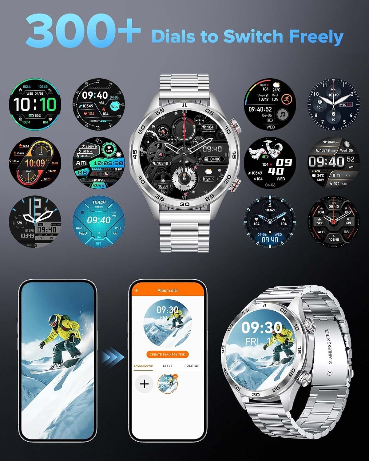 MEGALITH Slimme horloges voor mannen Fitness: Bloeddruk Hartslagmeter - Zilver Waterdichte Mens Smartwatch voor Android iOS