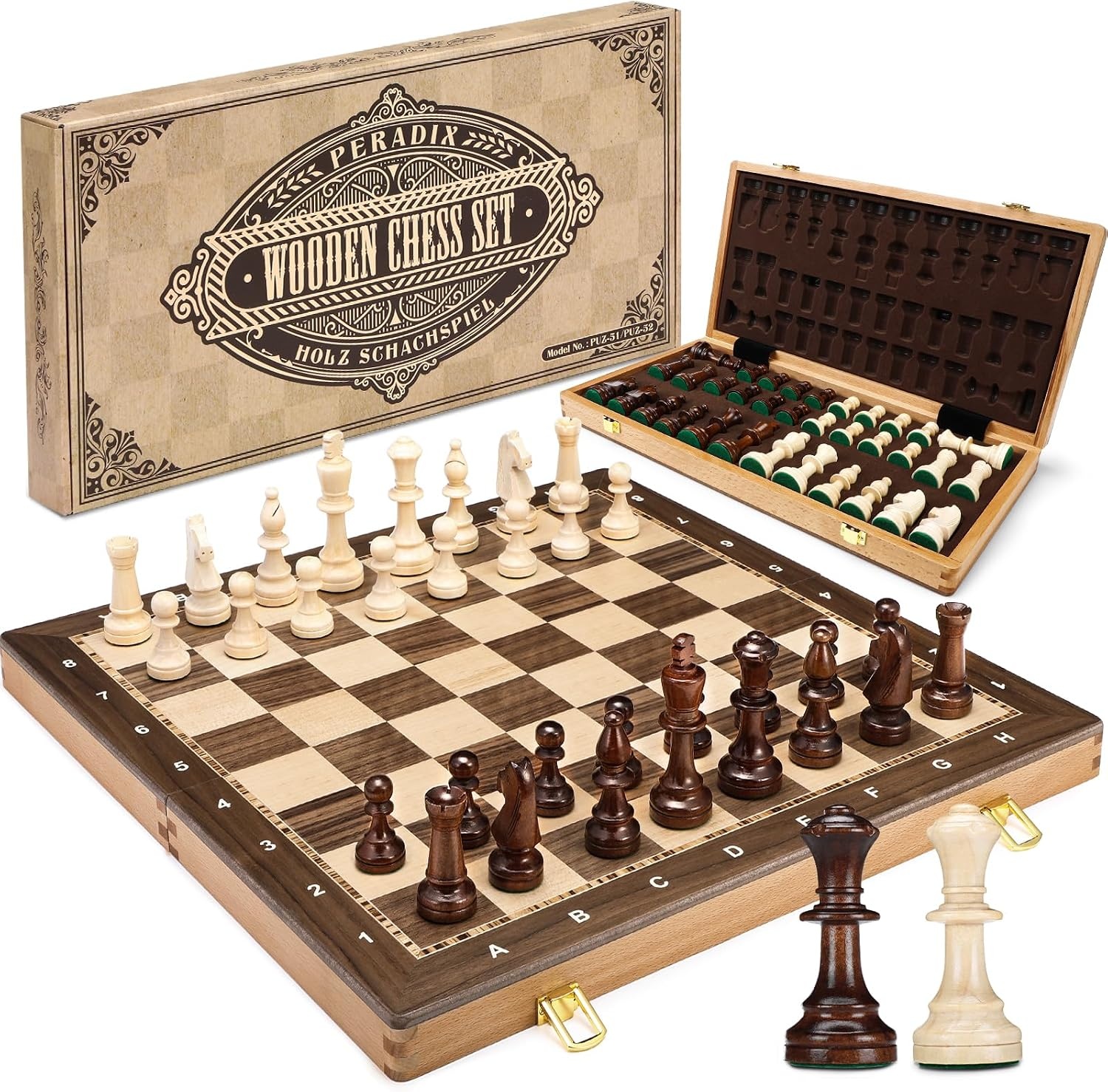 Peradix Houten schaakbord, 48,3 cm, inklapbaar, toernooischaakbord met 9,5 cm koning, 2 extra koninginnen, klassiek professioneel schaakspel voor volwassenen en kinderen
