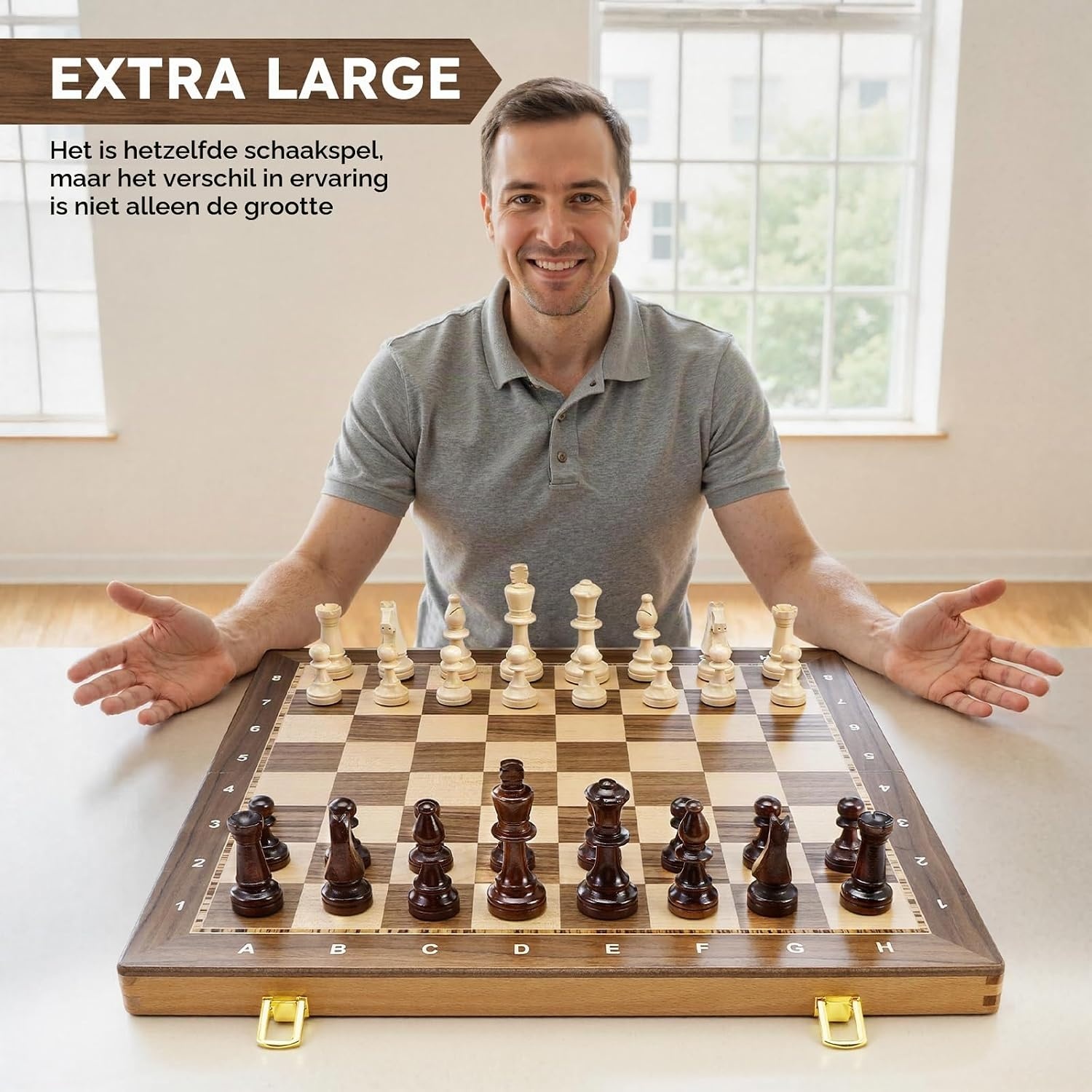 Peradix Houten schaakbord, 48,3 cm, inklapbaar, toernooischaakbord met 9,5 cm koning, 2 extra koninginnen, klassiek professioneel schaakspel voor volwassenen en kinderen