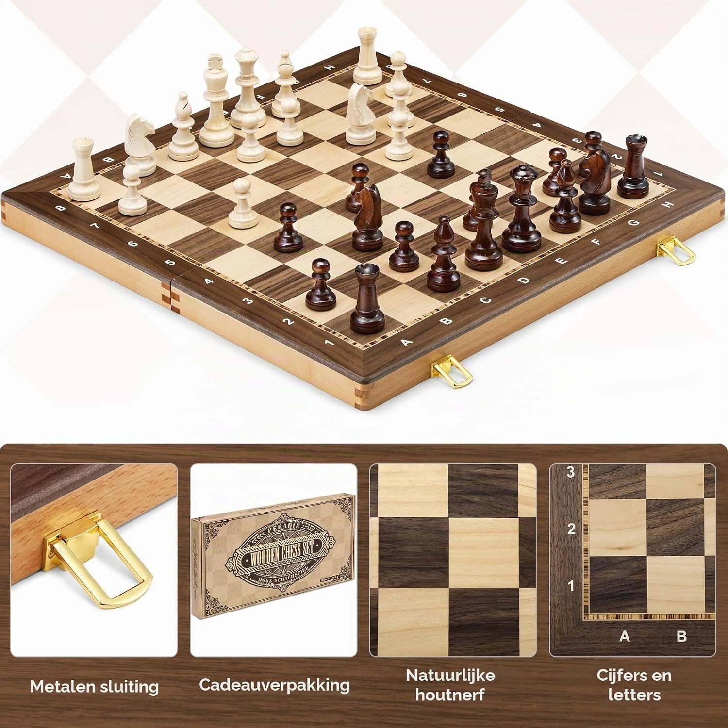 Peradix Houten schaakbord, 48,3 cm, inklapbaar, toernooischaakbord met 9,5 cm koning, 2 extra koninginnen, klassiek professioneel schaakspel voor volwassenen en kinderen