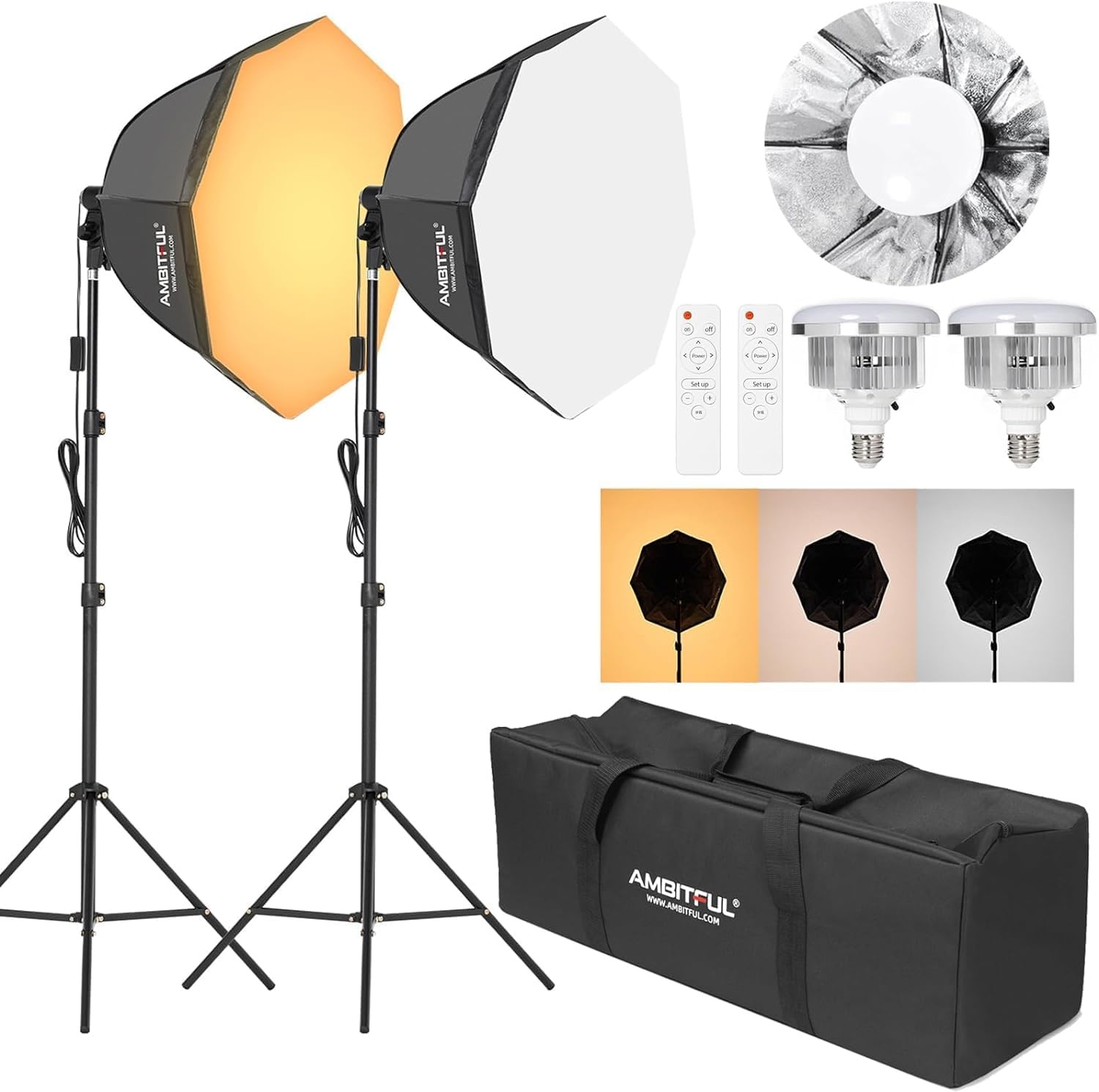 Softbox Fotografie Verlichting Kit, 2X AMBITFUL 65cm Softbox Verlichting Kit met 2M Statief Licht Stand & 2X 50W 3000-6500K Bi-Color LED Lamp, LED Continue Verlichting voor Video-opname/Live Streaming