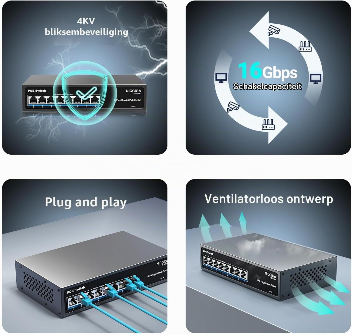 8-Poorts Gigabit PoE Switch: 120W Totaal, Onbeheerd, -33%