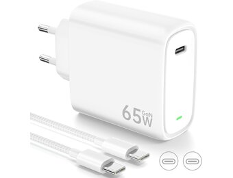 65W USB C Oplader Snellader met PD3.0 en GaN II Technologie PPS USB C Supersnellader Voeding met 2M Type C Kabel voor Phone 15 Plus/16 Pro, voor Galaxy S24/23/S22, voor MacBook Pro/Air - Wit