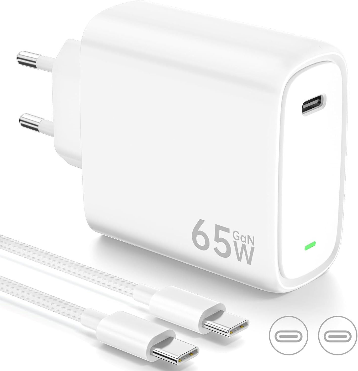 65W GaN Snellader USB-C met 2m Kabel - Wit (31% Korting)