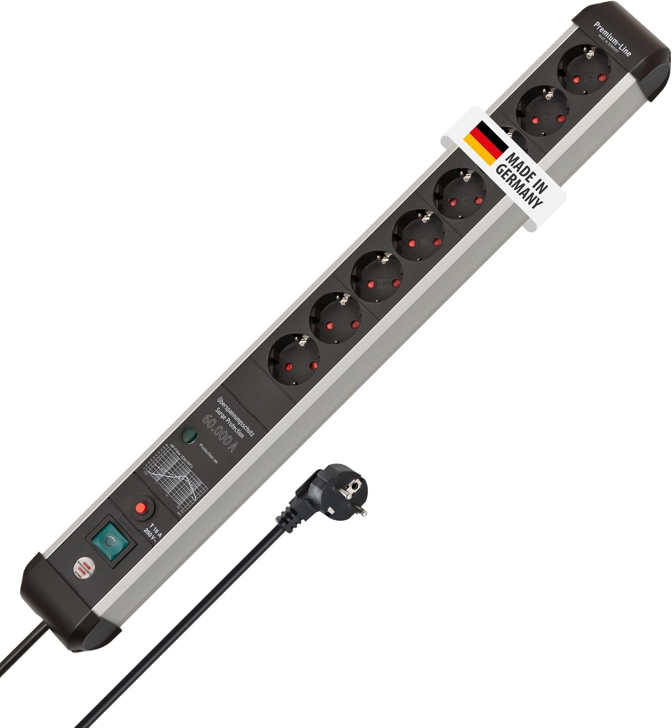 Brennenstuhl Premium-Protect-Line, stekkerdoos 8-voudig met overspanningsbeveiliging 60.000 A (3m kabel, met schakelaar, Made in Germany) zilver/zwart