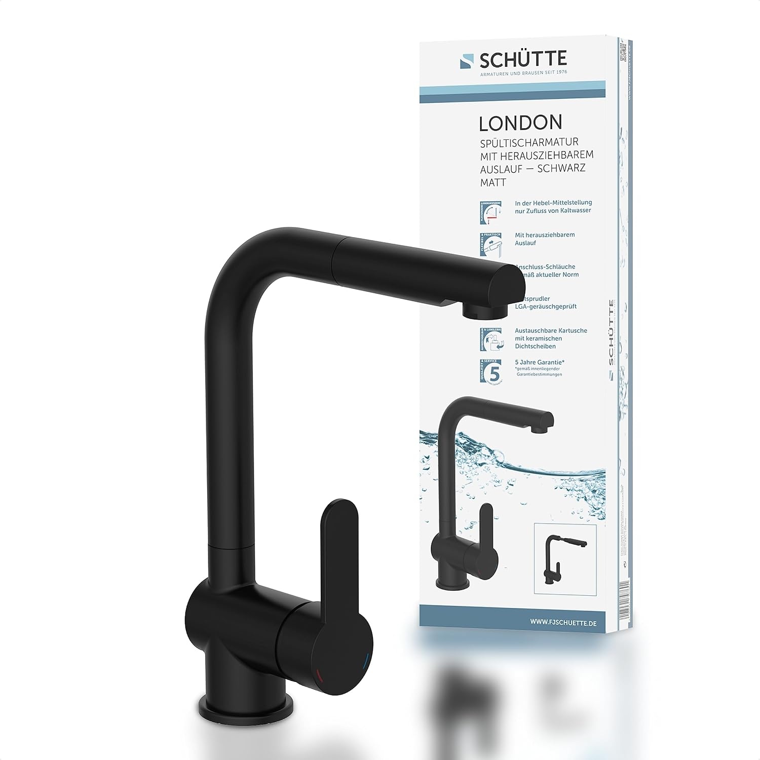 SCHÜTTE 79760 LONDON keukenmengkraan met uittrekbare douche, waterkraan voor de keuken met energiebesparende functie, mengkraan met ééngreepsmengkraan, gootsteenmengkraan, mat zwart
