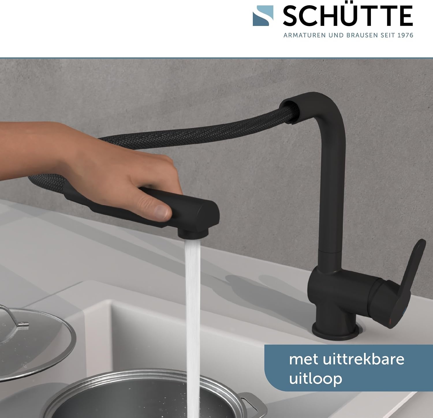SCHÜTTE 79760 LONDON keukenmengkraan met uittrekbare douche, waterkraan voor de keuken met energiebesparende functie, mengkraan met ééngreepsmengkraan, gootsteenmengkraan, mat zwart