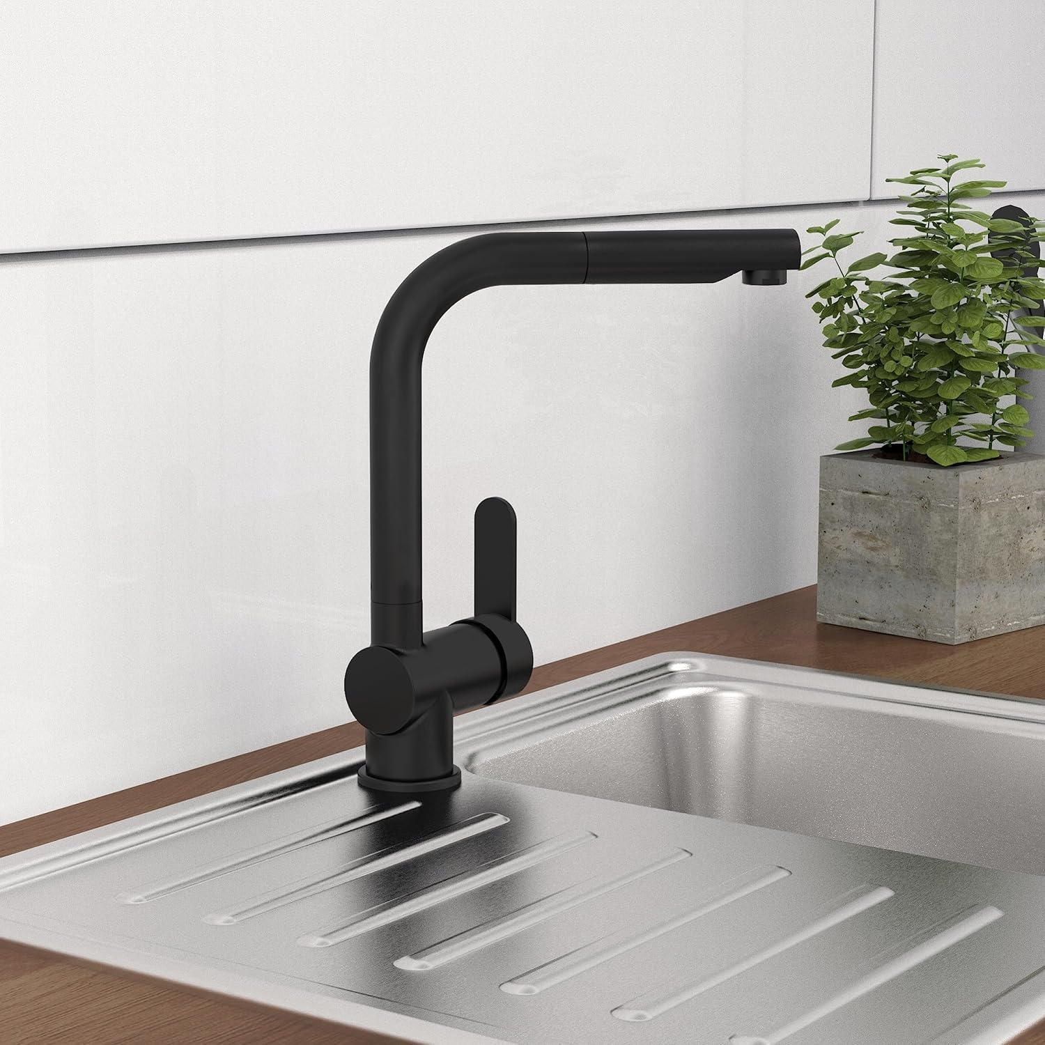 SCHÜTTE 79760 LONDON keukenmengkraan met uittrekbare douche, waterkraan voor de keuken met energiebesparende functie, mengkraan met ééngreepsmengkraan, gootsteenmengkraan, mat zwart