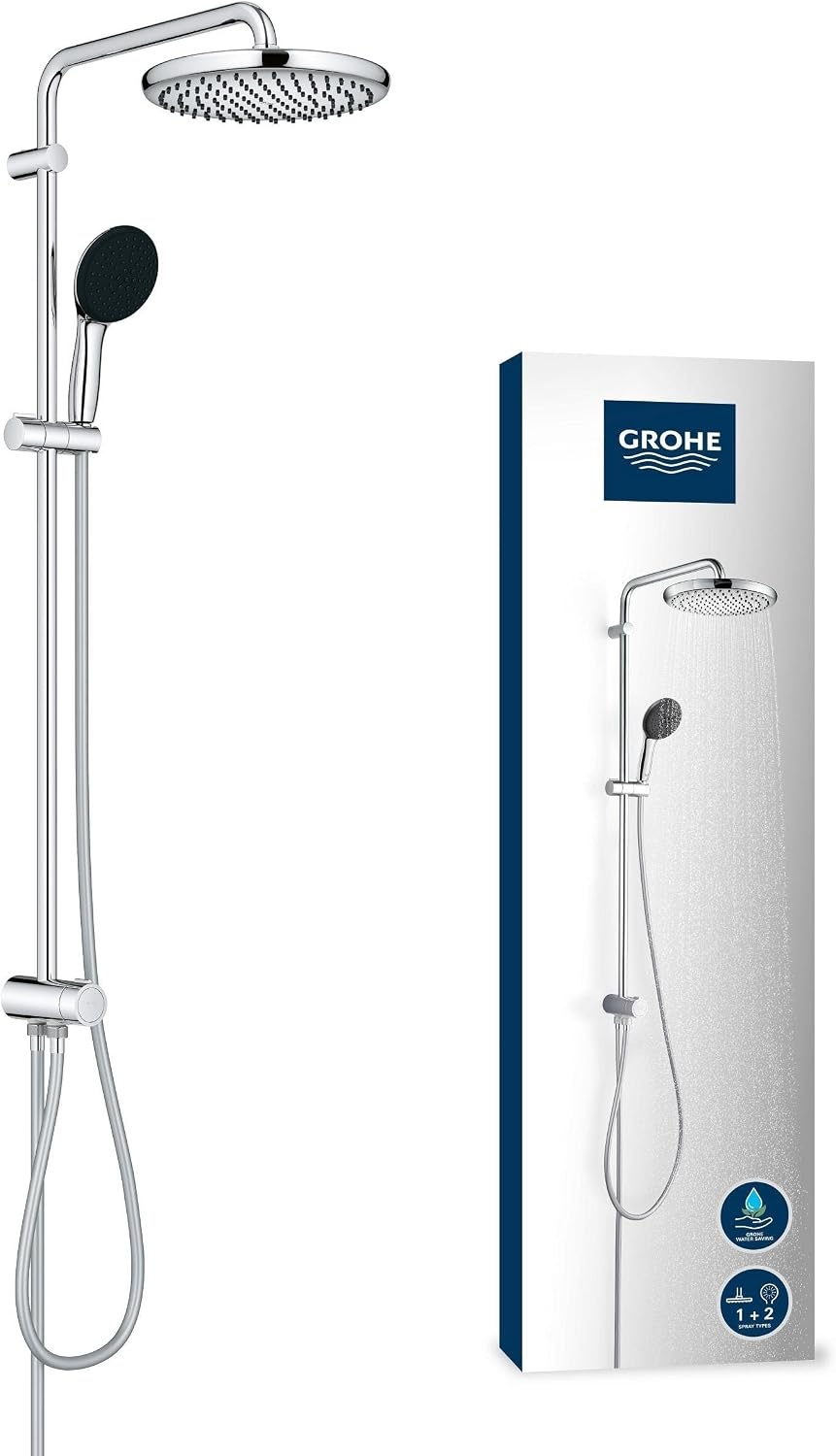 Grohe 26989001 Vitalio 250 douchesysteem met omschakeling, waterbesparend, 8 l per minuut (voor bestaande armaturen, 2 straalsoorten, extra grote douchestang 104 cm), rond, chroom, 26680001