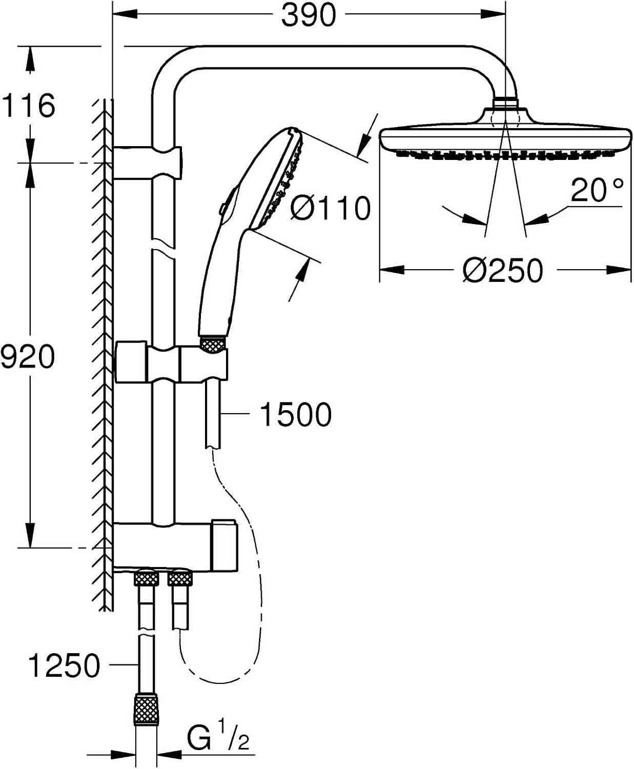 Grohe 26989001 Vitalio 250 douchesysteem met omschakeling, waterbesparend, 8 l per minuut (voor bestaande armaturen, 2 straalsoorten, extra grote douchestang 104 cm), rond, chroom, 26680001