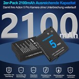 Osmo Action 5 Pro/4/3 acculaderset, 2100 mAh, 2-pack accu en 3-kanaals snellaadhub, compatibel met DJI OSMO Action 5 Pro, Osmo Action 4, Osmo Action 3 camera