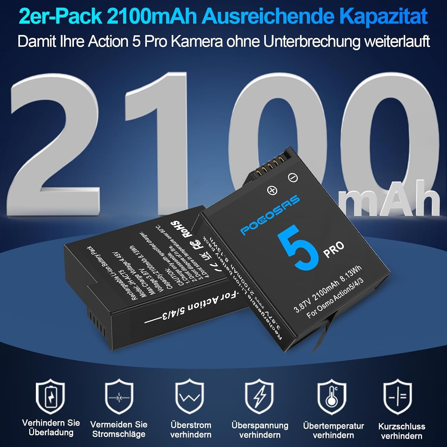 Osmo Action 5 Pro/4/3 acculaderset, 2100 mAh, 2-pack accu en 3-kanaals snellaadhub, compatibel met DJI OSMO Action 5 Pro, Osmo Action 4, Osmo Action 3 camera