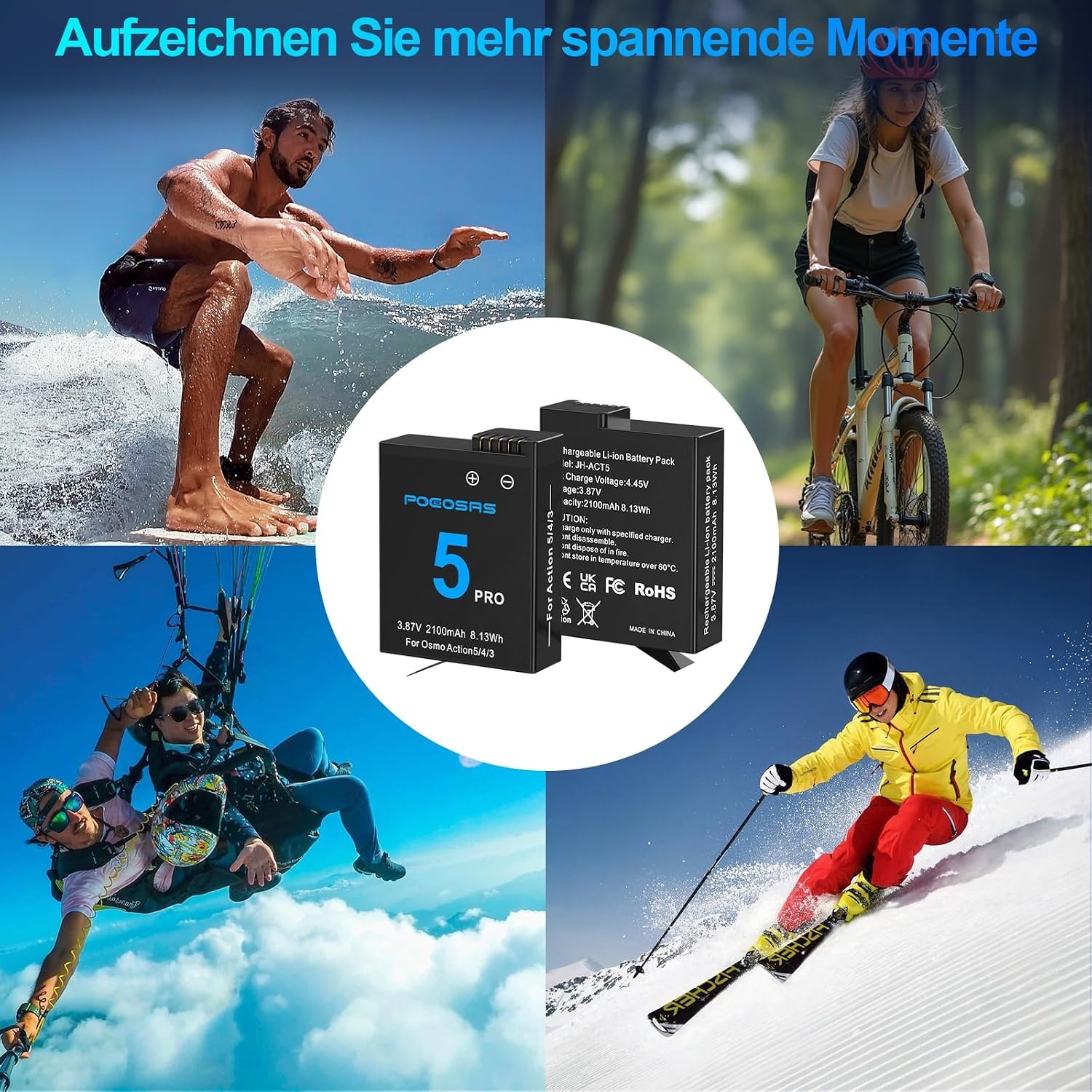 Osmo Action 5 Pro/4/3 acculaderset, 2100 mAh, 2-pack accu en 3-kanaals snellaadhub, compatibel met DJI OSMO Action 5 Pro, Osmo Action 4, Osmo Action 3 camera