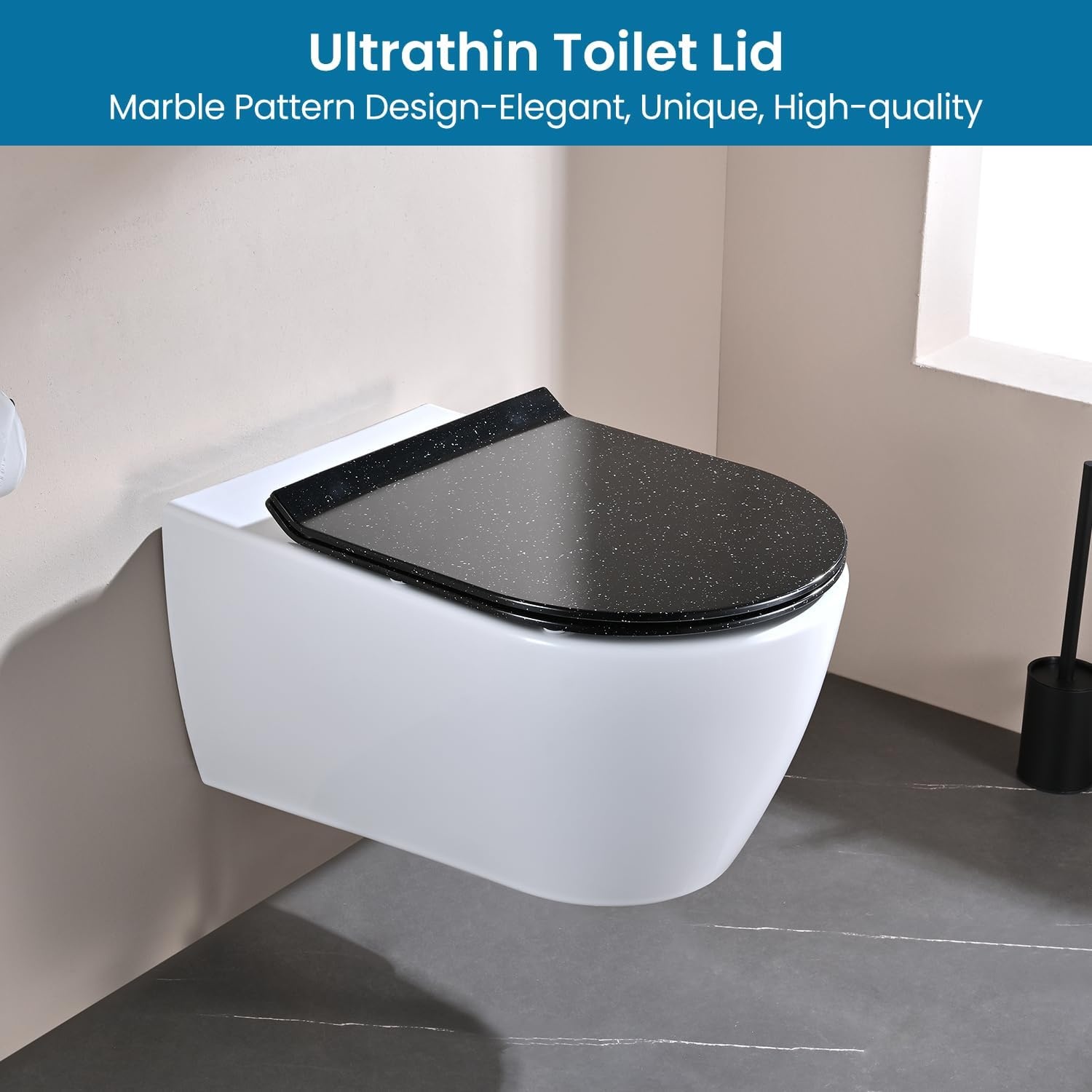 Toiletbril met soft-close mechanisme, WC-zitting D-vorm, zwart marmer toiletdeksel, toiletbril softclose, toiletzitting duroplast, WC-deksel met snelsluiting, Toilet Seats slim
