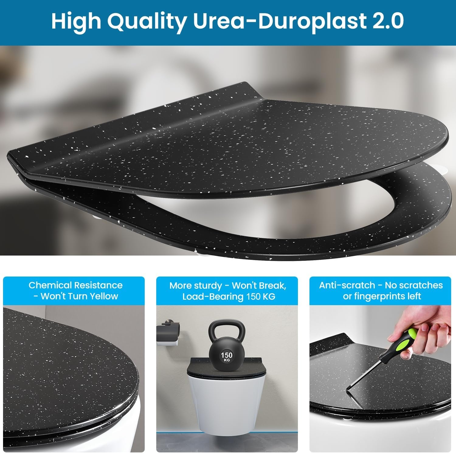 Toiletbril met soft-close mechanisme, WC-zitting D-vorm, zwart marmer toiletdeksel, toiletbril softclose, toiletzitting duroplast, WC-deksel met snelsluiting, Toilet Seats slim