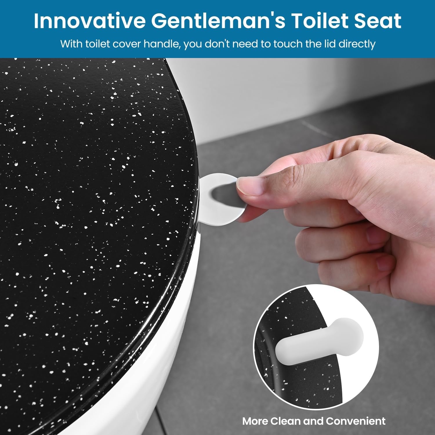 Toiletbril met soft-close mechanisme, WC-zitting D-vorm, zwart marmer toiletdeksel, toiletbril softclose, toiletzitting duroplast, WC-deksel met snelsluiting, Toilet Seats slim