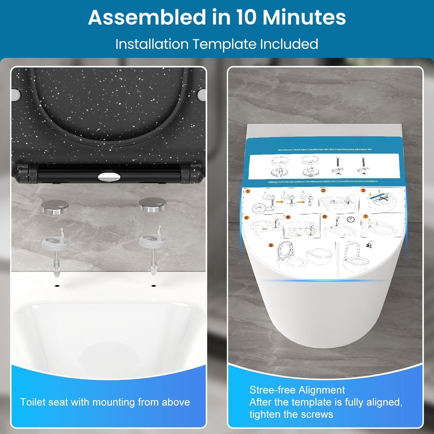 Toiletbril met soft-close mechanisme, WC-zitting D-vorm, zwart marmer toiletdeksel, toiletbril softclose, toiletzitting duroplast, WC-deksel met snelsluiting, Toilet Seats slim