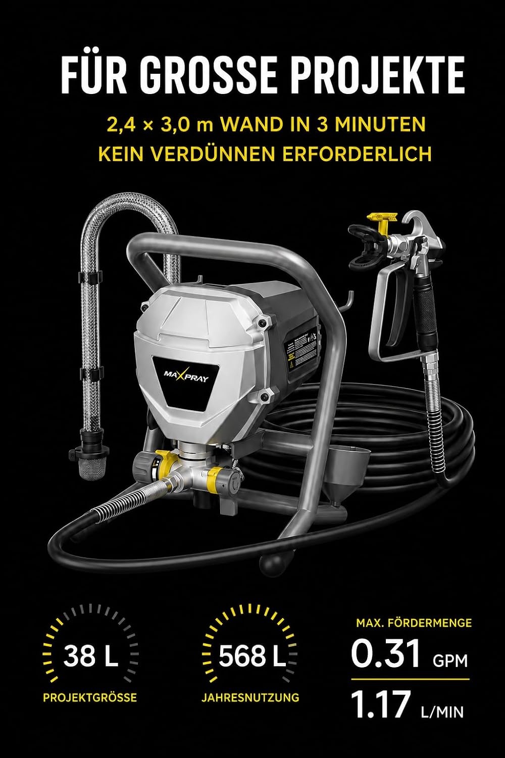 InoKraft MaXpray M1 Airless Verfspuit – 3000 PSI, 1,17 l/min
