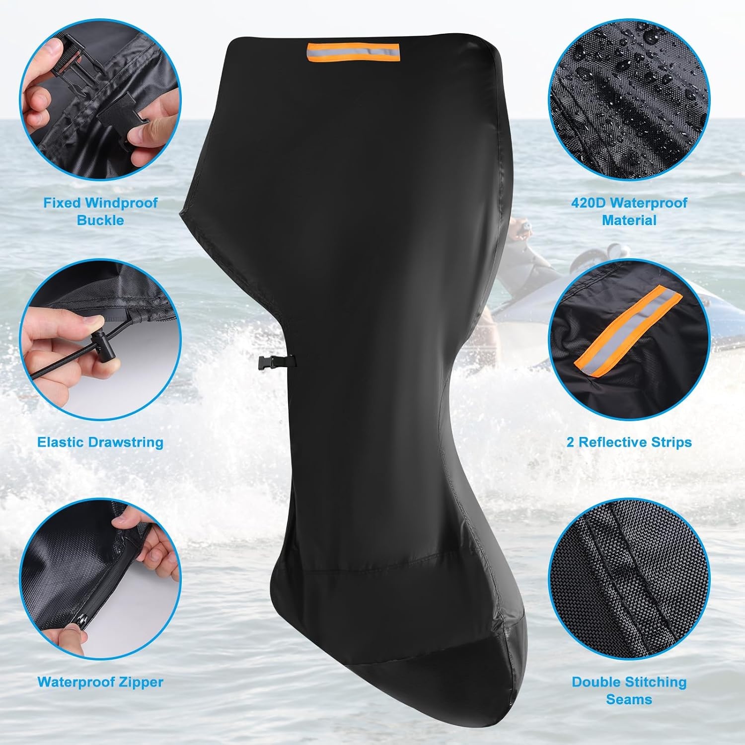 420D Oxford Volledige Buitenboordmotorhoes, Boot Motorhoes met 2 Reflecterende Strips, 2 Trekkoorden, Waterdichte Ritssluiting en Verstelbare Gesp, Geschikt voor 100-150 PK