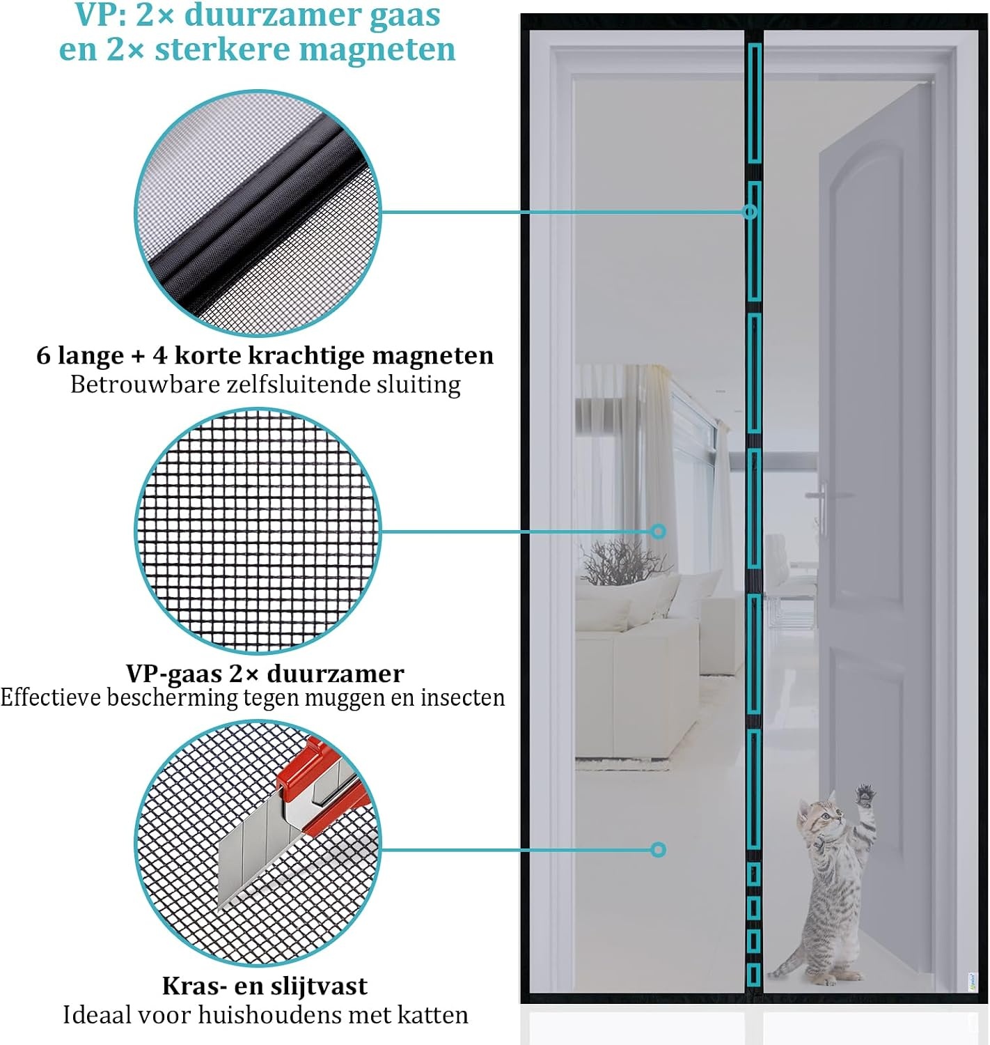 Apalus VP Vliegengordijn voor Deuren, Magnetische Insectenbescherming voor Balkondeuren 90x200 cm, 2× Duurzamer dan de Apalus Classic, Sterkere Magneten, 3,8cm Brede Bevestigingsband, Niet Inkortbaar