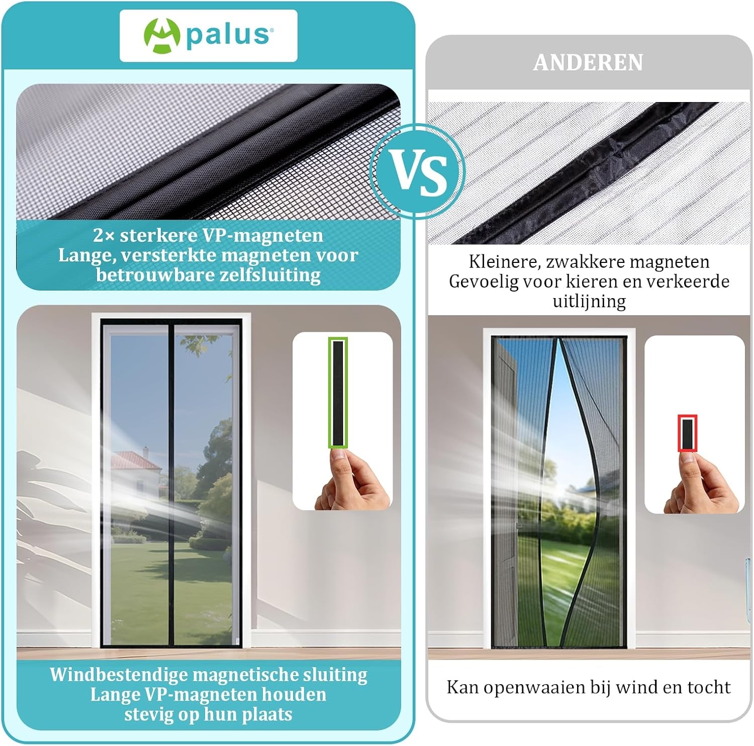 Apalus VP Vliegengordijn voor Deuren, Magnetische Insectenbescherming voor Balkondeuren 90x200 cm, 2× Duurzamer dan de Apalus Classic, Sterkere Magneten, 3,8cm Brede Bevestigingsband, Niet Inkortbaar