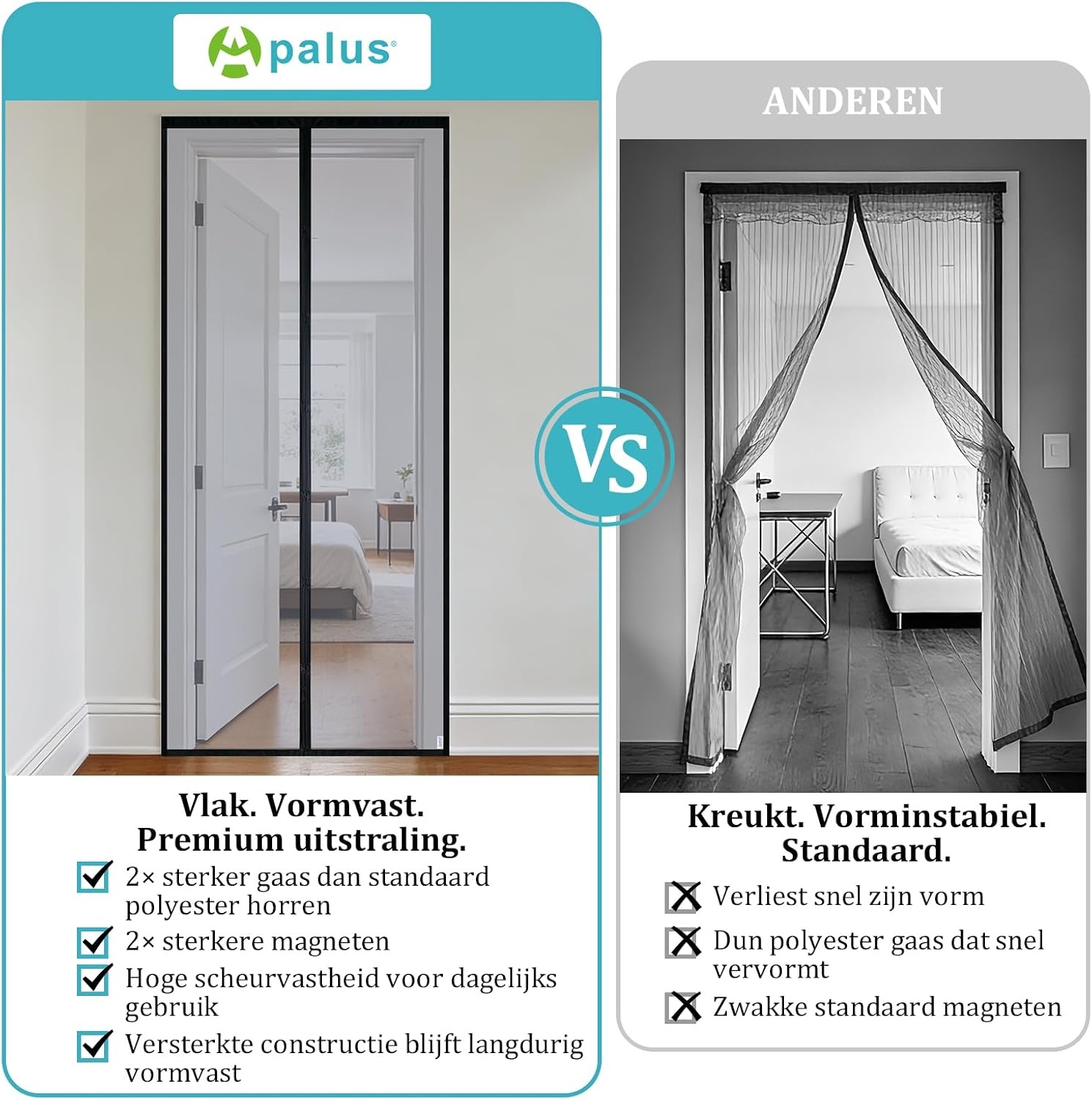 Apalus VP Vliegengordijn voor Deuren, Magnetische Insectenbescherming voor Balkondeuren 90x200 cm, 2× Duurzamer dan de Apalus Classic, Sterkere Magneten, 3,8cm Brede Bevestigingsband, Niet Inkortbaar