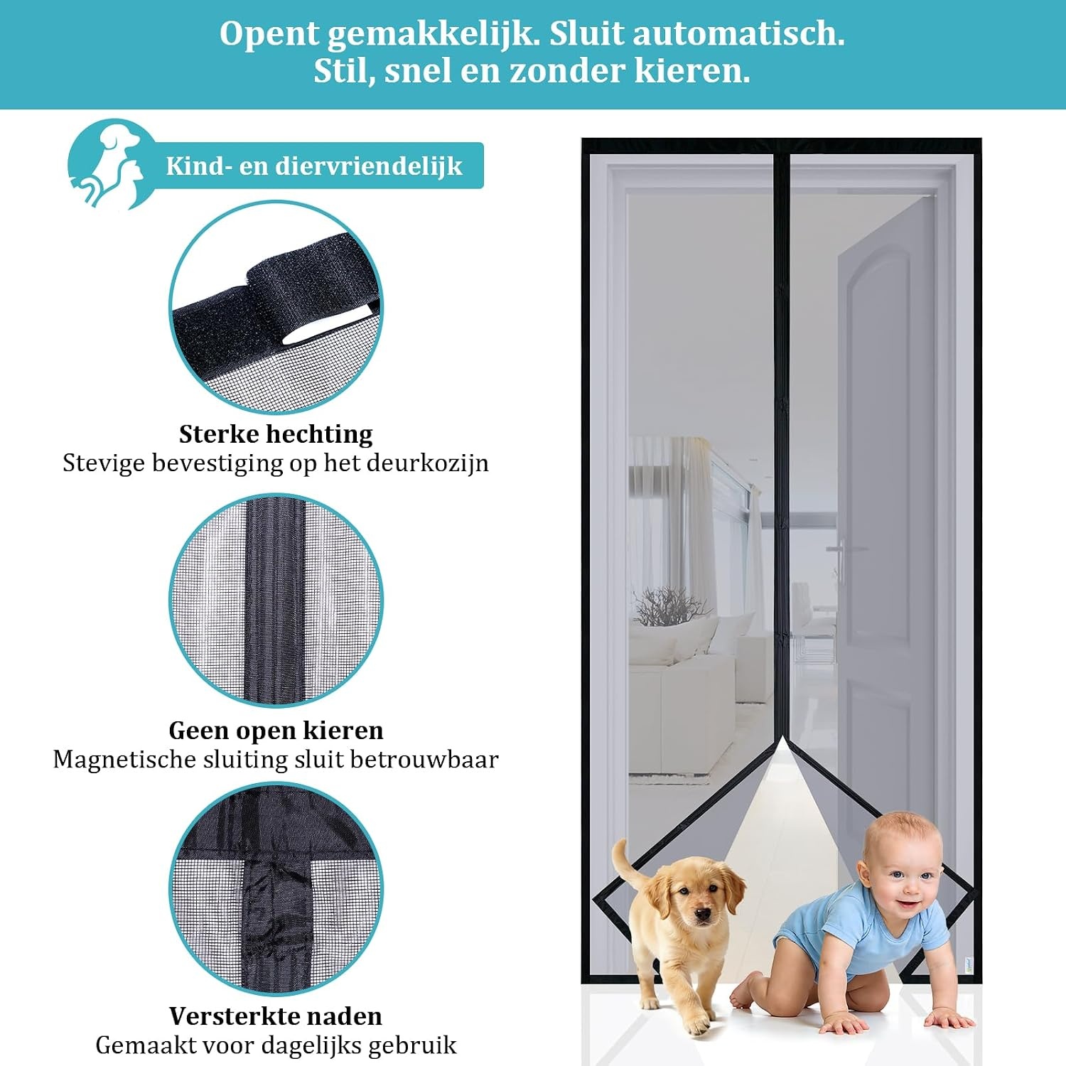 Apalus VP Vliegengordijn voor Deuren, Magnetische Insectenbescherming voor Balkondeuren 90x200 cm, 2× Duurzamer dan de Apalus Classic, Sterkere Magneten, 3,8cm Brede Bevestigingsband, Niet Inkortbaar