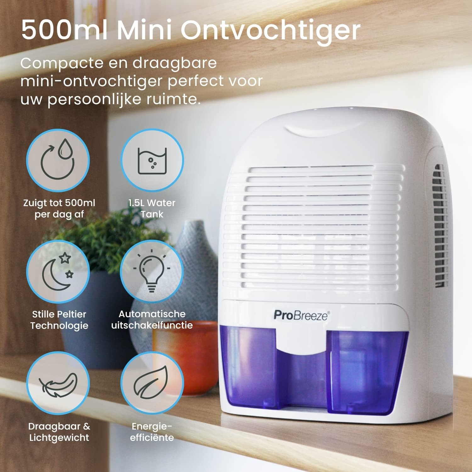 Pro Breeze Luchtontvochtiger, Elektrische ontvochtiger, 1500ml Watertank, Compact, Draagbaar & Stil - Tegen Vocht en Schimmel in Huis, Keuken, Slaapkamer, Badkamer