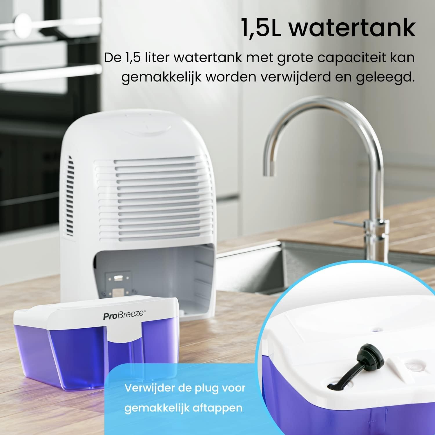 Pro Breeze Luchtontvochtiger, Elektrische ontvochtiger, 1500ml Watertank, Compact, Draagbaar & Stil - Tegen Vocht en Schimmel in Huis, Keuken, Slaapkamer, Badkamer