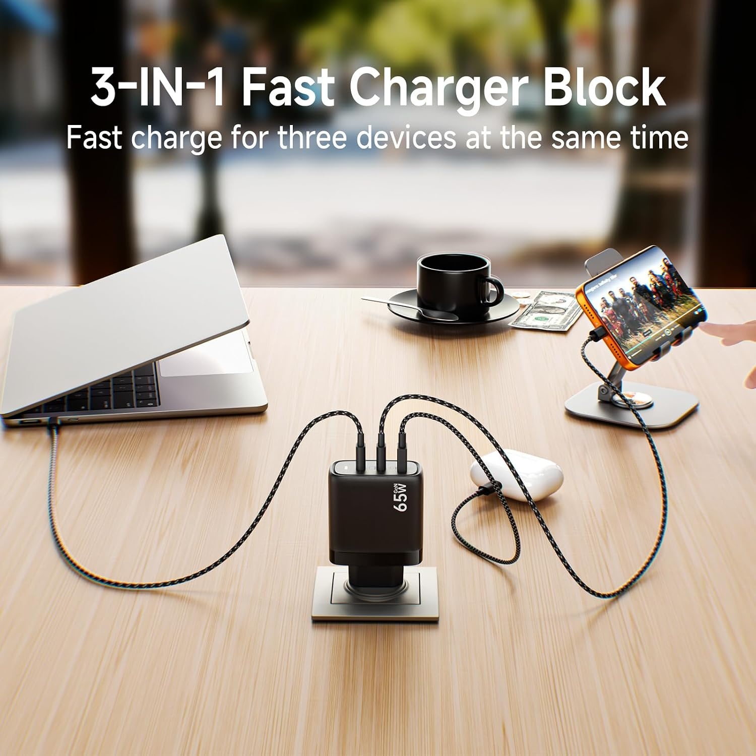 Kndaa 65W USB-C Snellader met GaN Technologie en 2M USB-C Kabel - Zwart