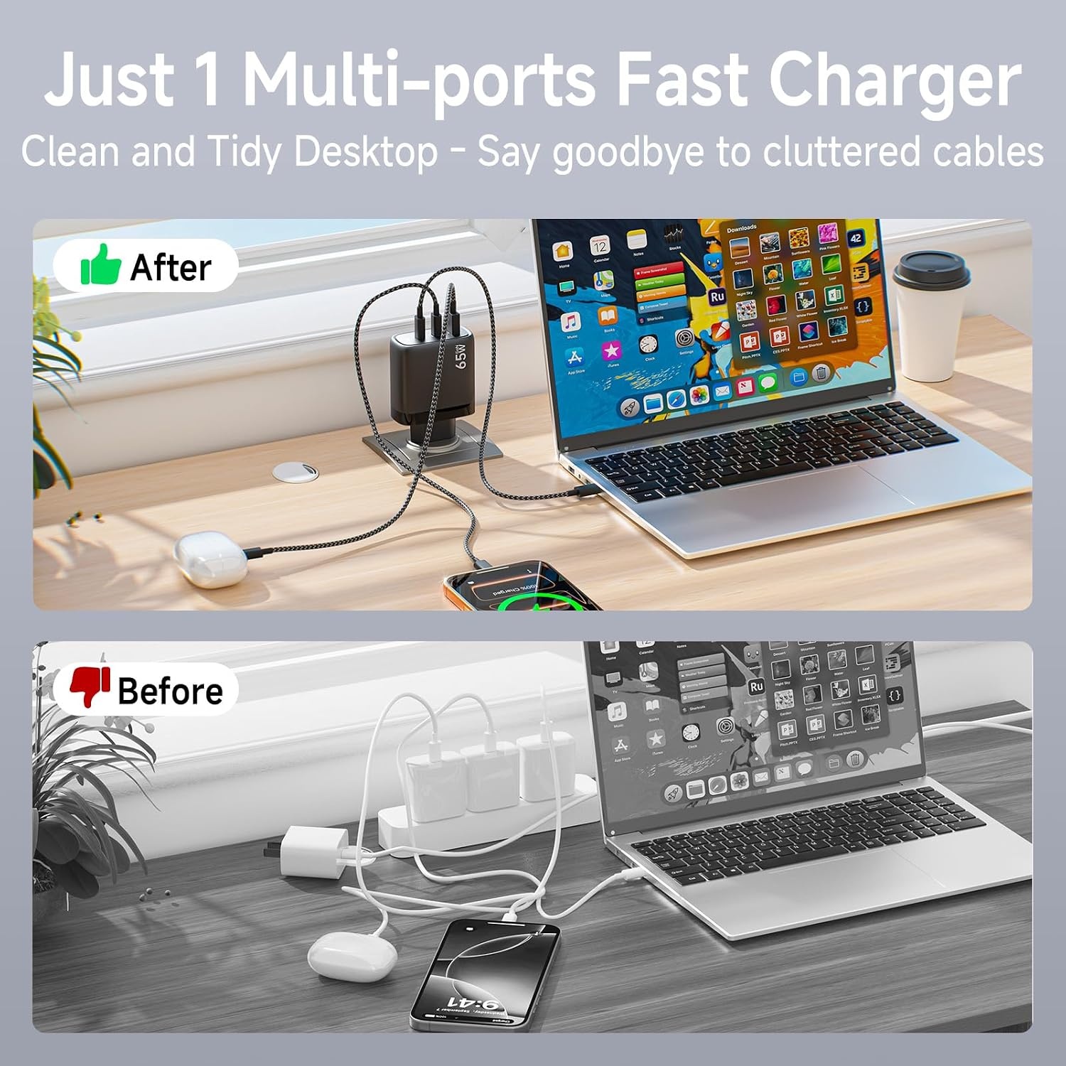 Kndaa 65W USB-C Snellader met GaN Technologie en 2M USB-C Kabel - Zwart
