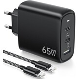 Kndaa 65W USB-C Snellader met GaN Technologie en 2M USB-C Kabel - Zwart