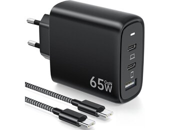 Kndaa 65W USB-C Snellader met GaN Technologie en 2M USB-C Kabel - Zwart