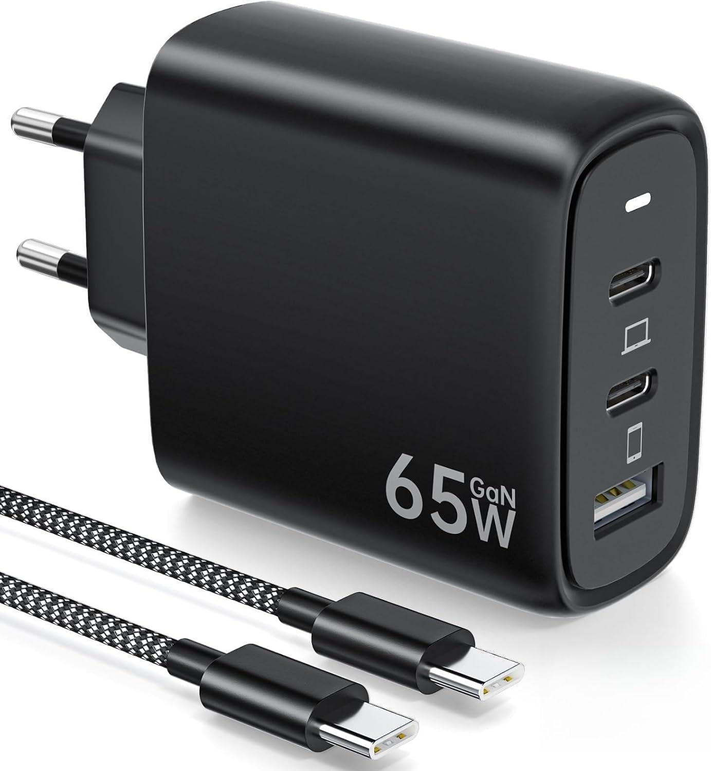 Kndaa 65W USB-C Snellader met GaN Technologie en 2M USB-C Kabel - Zwart