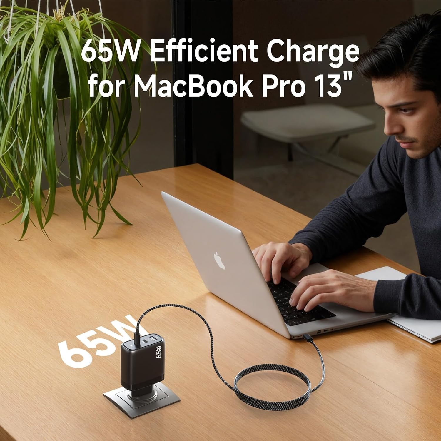 Kndaa 65W USB-C Snellader met GaN Technologie en 2M USB-C Kabel - Zwart