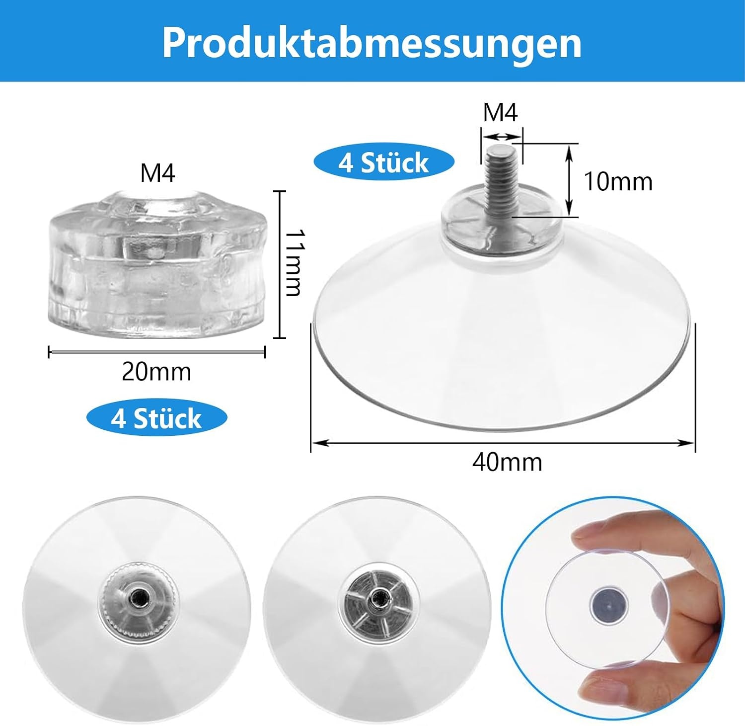 4 stuks zuignappen met schroefdraad en rubberen moer, Ø 40 mm, veelzijdige zuignap, extra sterke transparante pvc-zuignap, zonder boren, zuignappen voor ramen, badkamers, keukens, auto