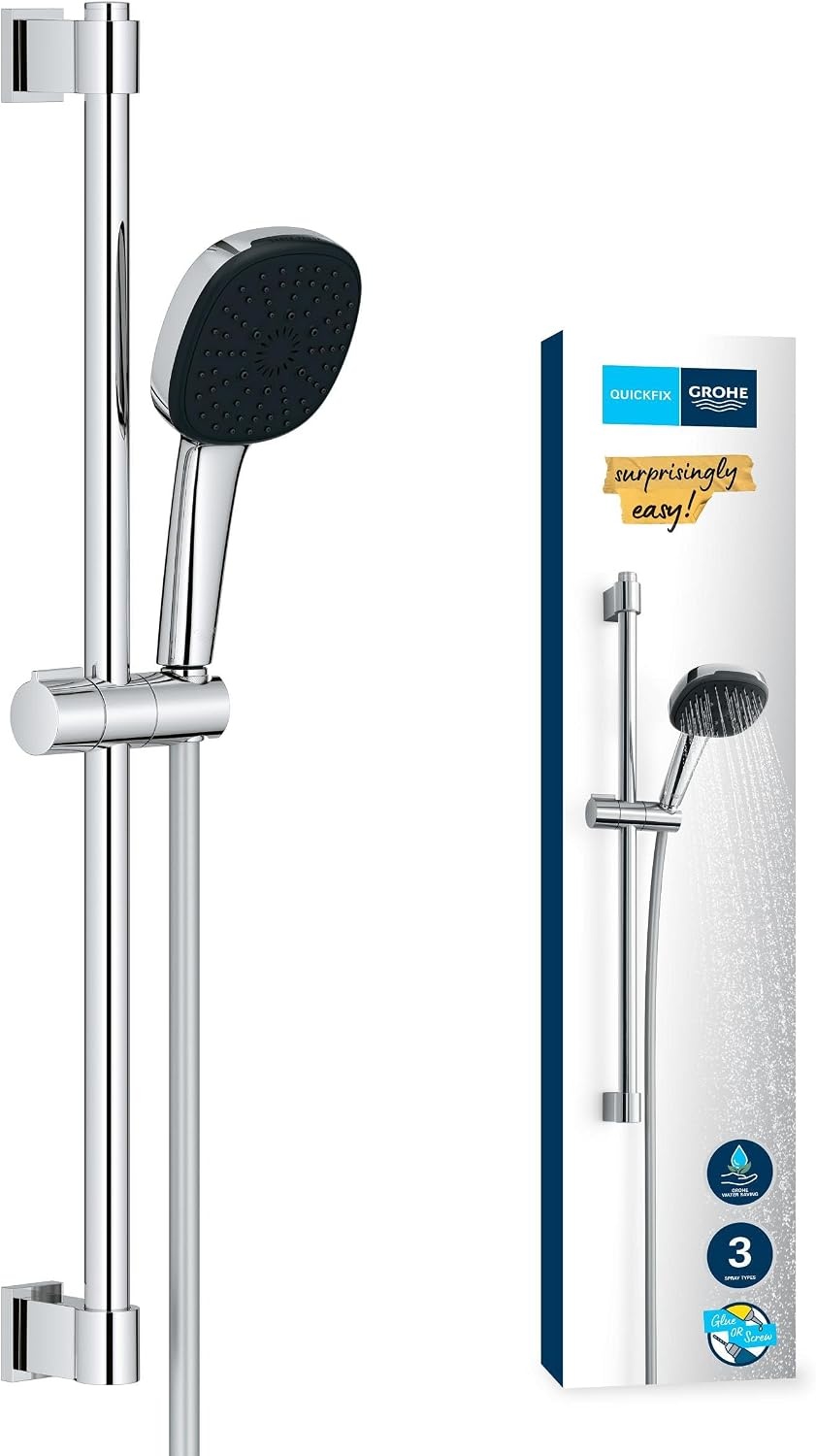 Grohe Vitalio 110 - douchestangset, waterbesparend, 8 l per minuut (3 straalsoorten, lijmen of boren), vierkant, chroom, 26096001, 60 cm douchestang