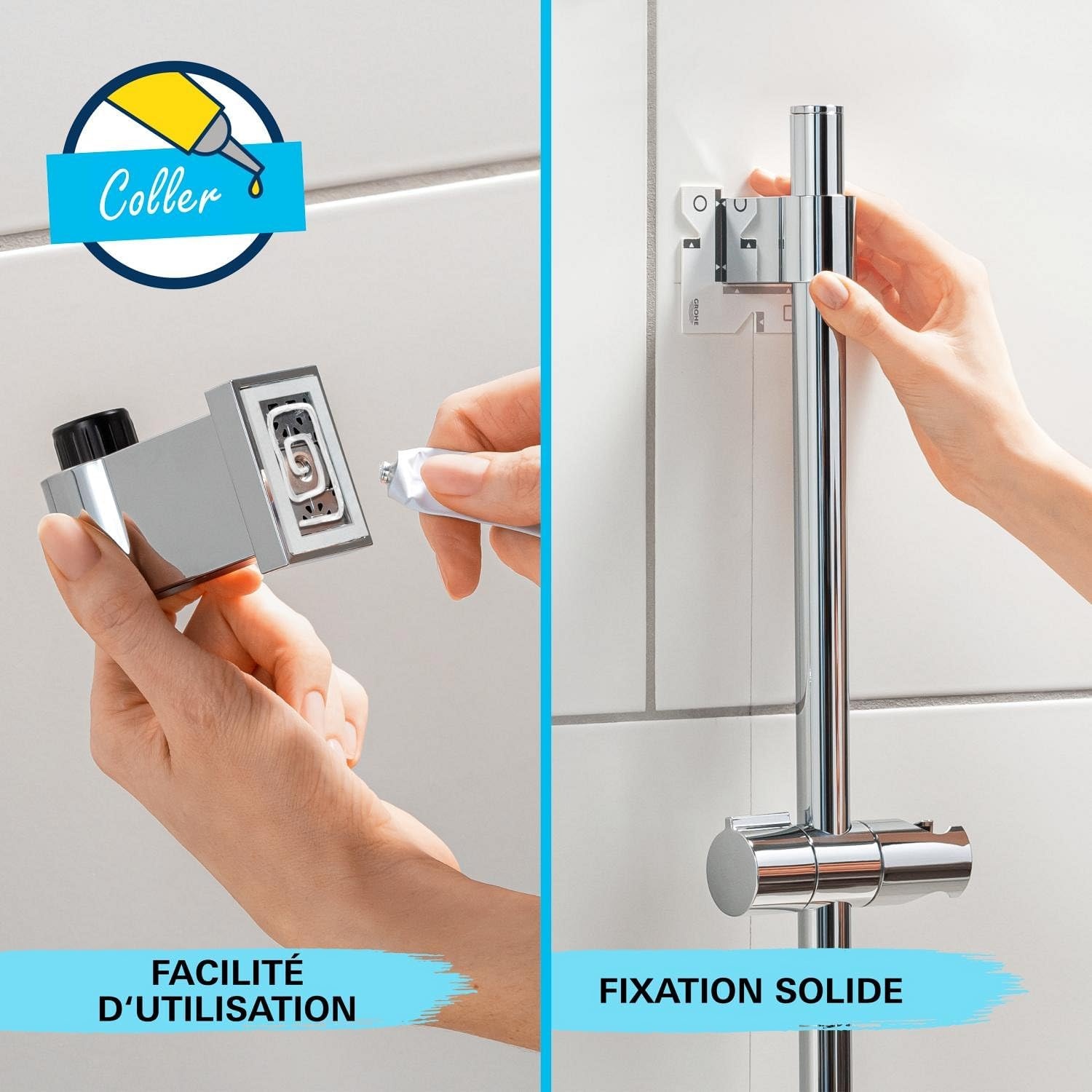 Grohe Vitalio 110 - douchestangset, waterbesparend, 8 l per minuut (3 straalsoorten, lijmen of boren), vierkant, chroom, 26096001, 60 cm douchestang