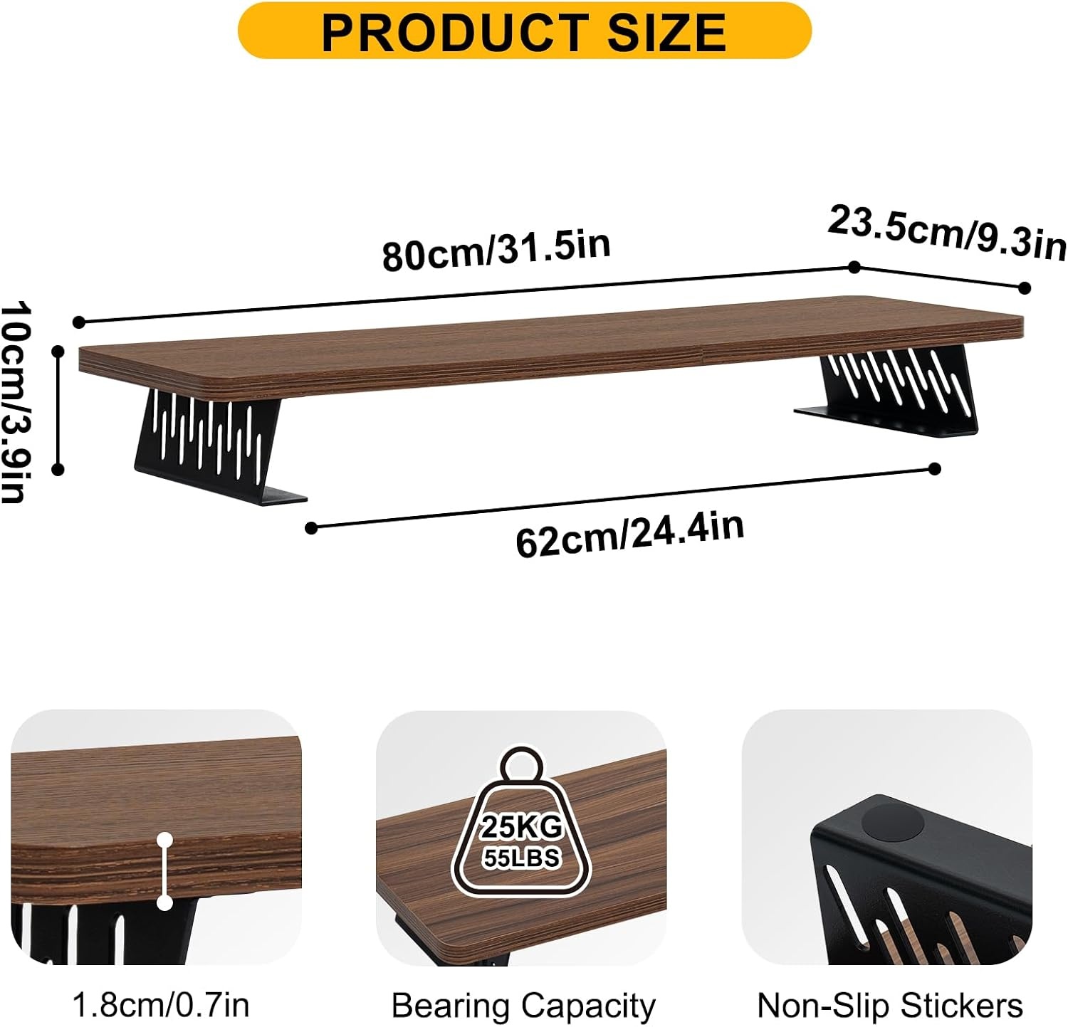 80x23,5 cm Houten monitorstandaard, dubbele monitorstandaard voor computerscherm en tv-verhoger, bureau-organizer voor werken en gamen, bruin