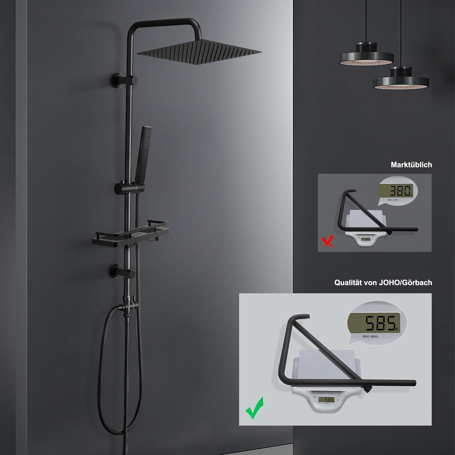 Regendouche Zwart RVS met Plank - 34% Korting