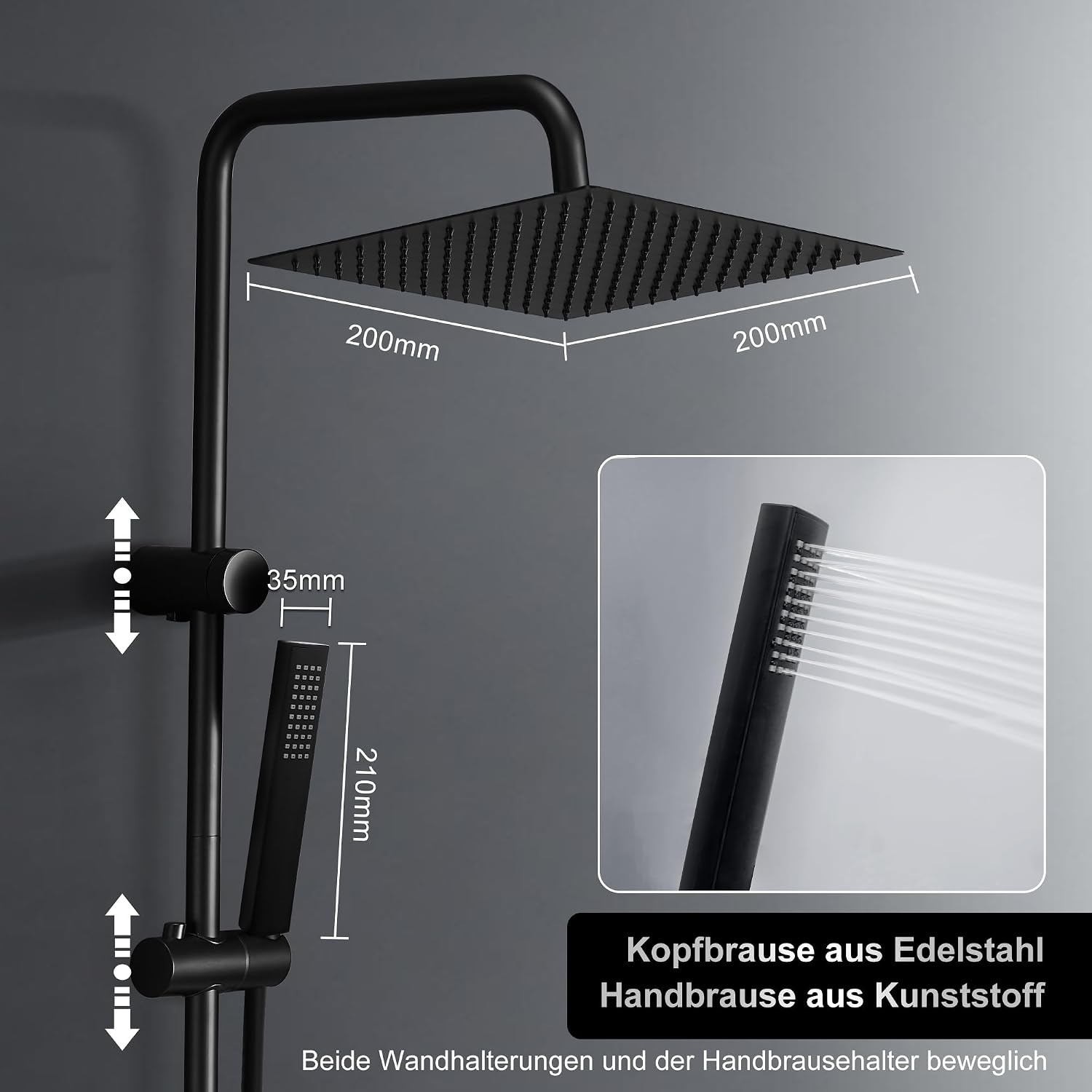 Regendouche Zwart RVS met Plank - 34% Korting