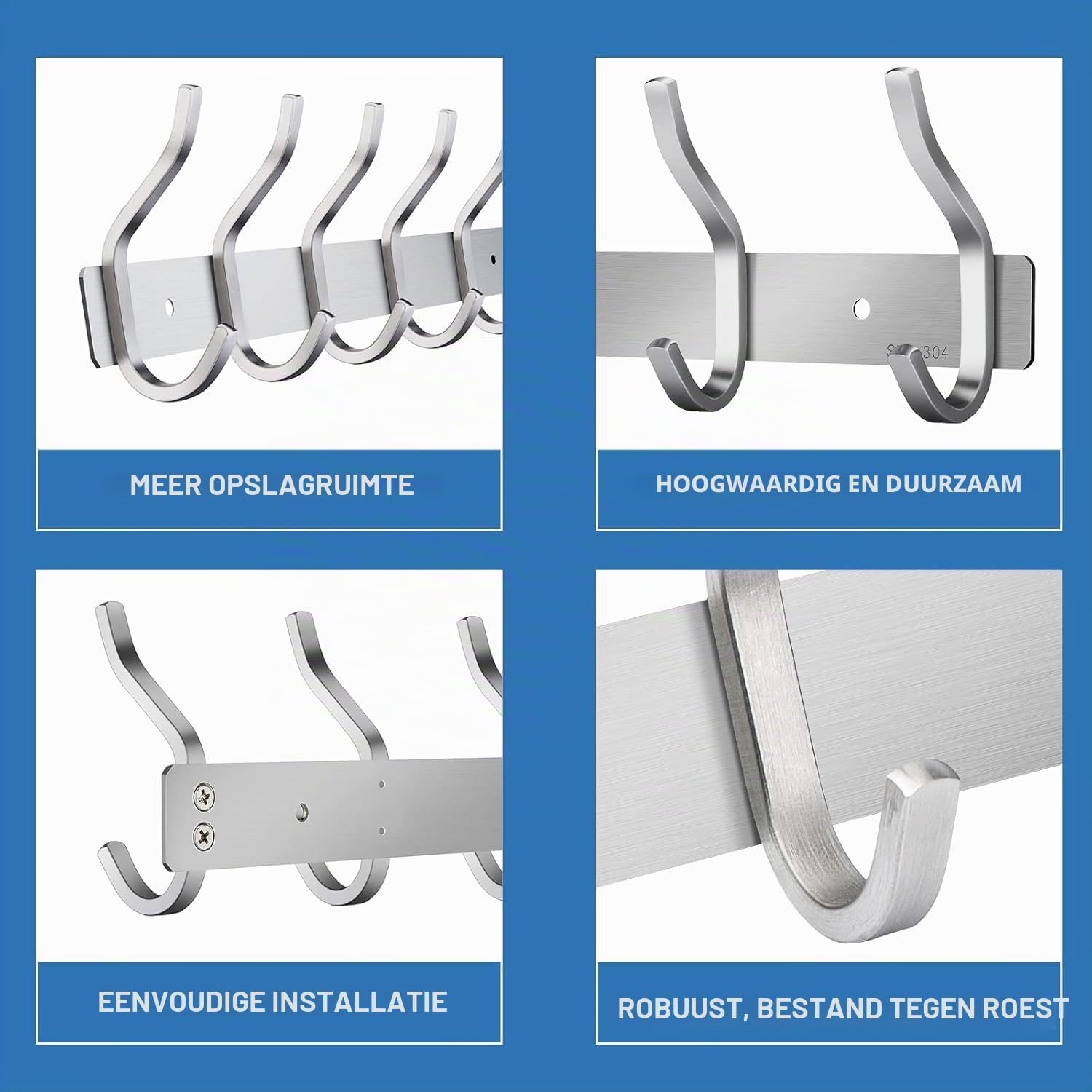 2x RVS Wandkapstok met 8 Dubbele Haken - 59 cm - 33% Korting