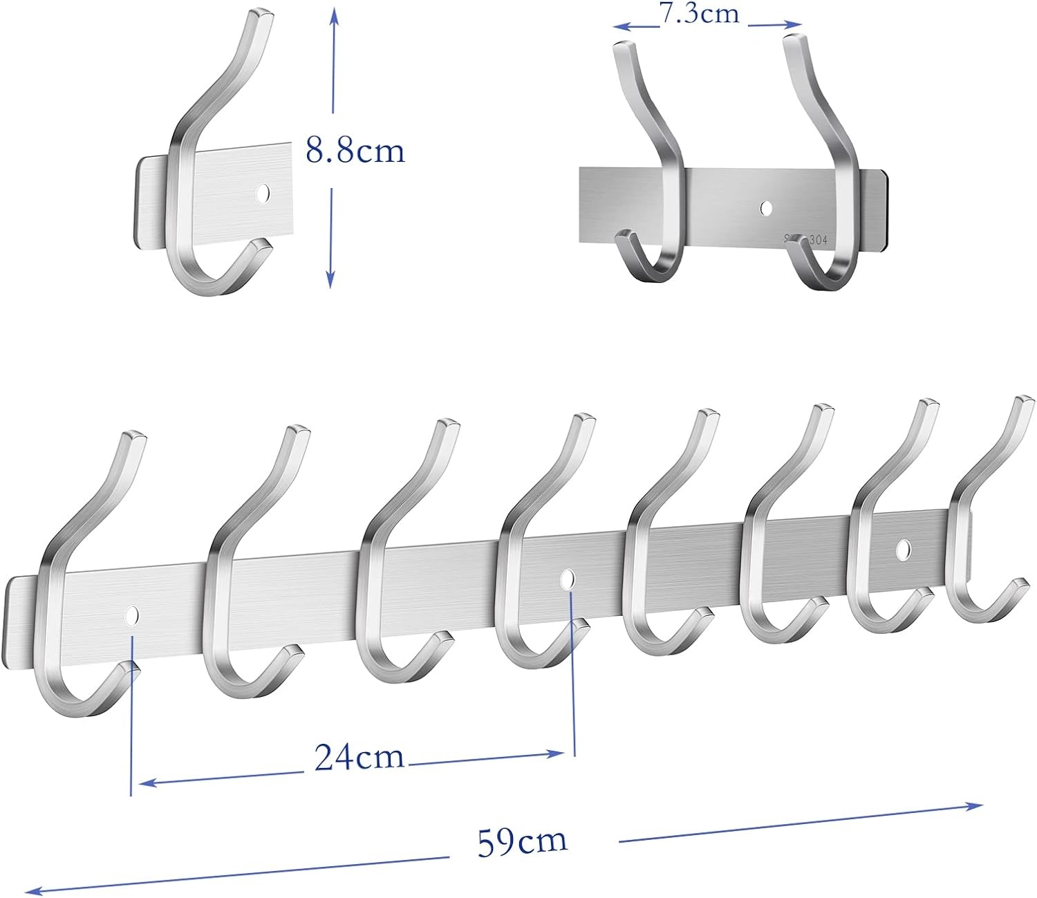 2x RVS Wandkapstok met 8 Dubbele Haken - 59 cm - 33% Korting