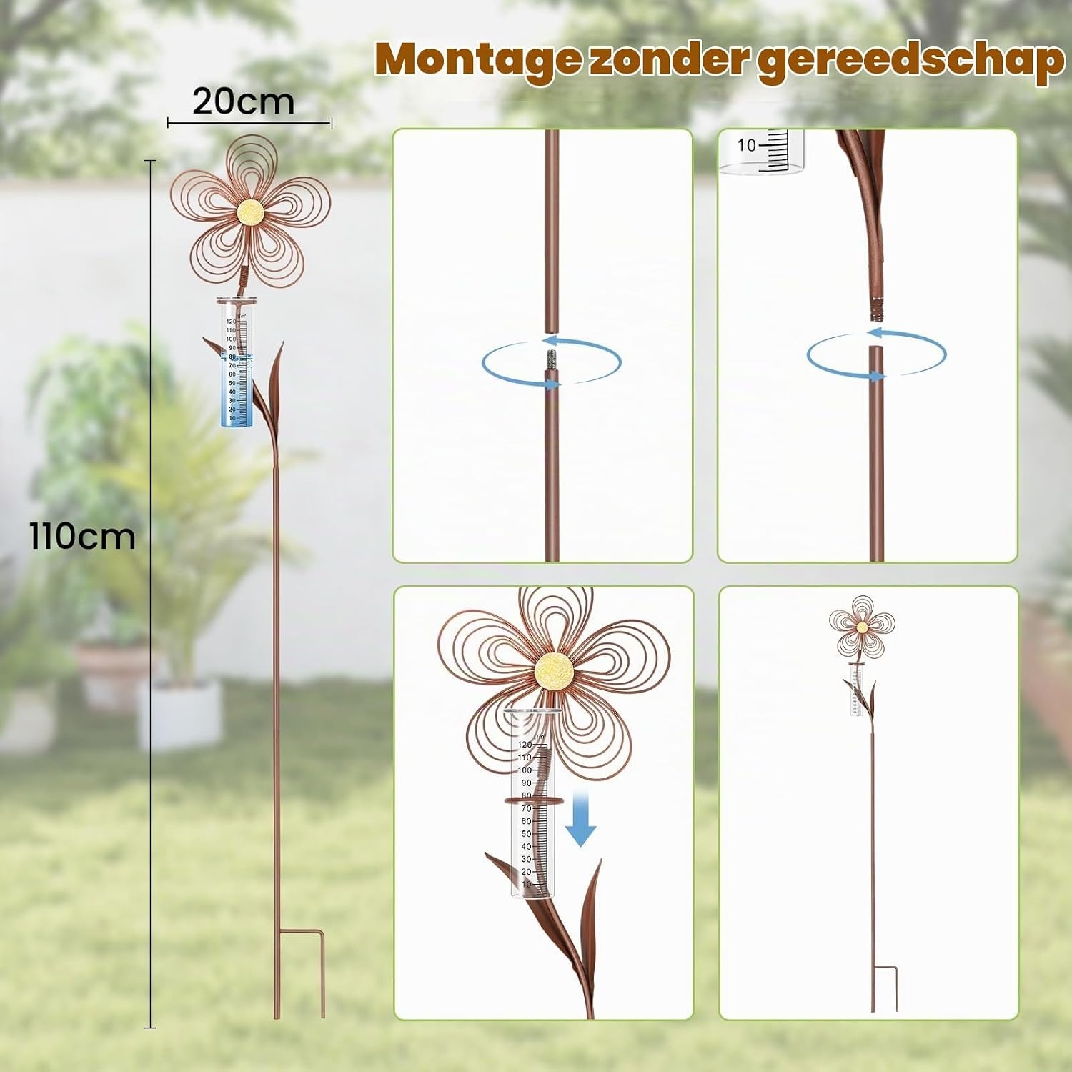 Stijlvolle Regenmeter 110cm - Roestlook Bloem - Vorstbestendig - 31% Korting