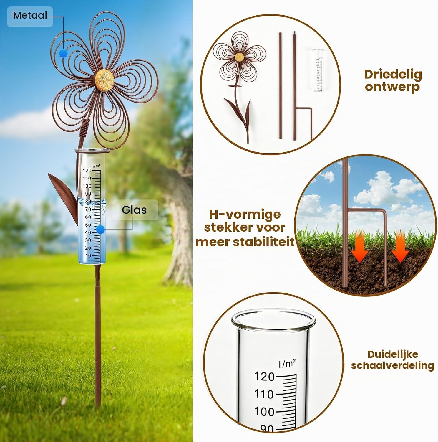 Stijlvolle Regenmeter 110cm - Roestlook Bloem - Vorstbestendig - 31% Korting