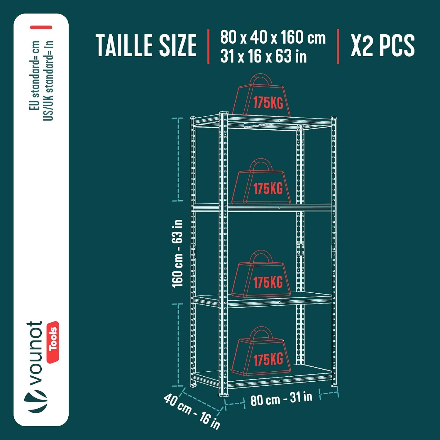 Set van 2 Stellingkasten 700kg | 80x40x160cm | 4 MDF Planken | 33% Korting